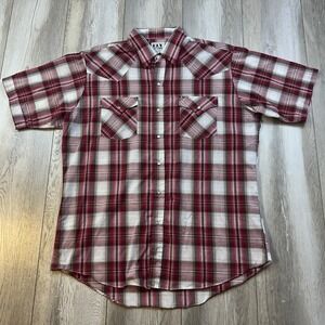 Ely Cattleman Western Shirt Mens Large Red White Pearl Snap Plaid Short Sleeve